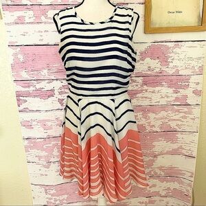 MAISON JULES White Blue Pink Striped Dress Medium